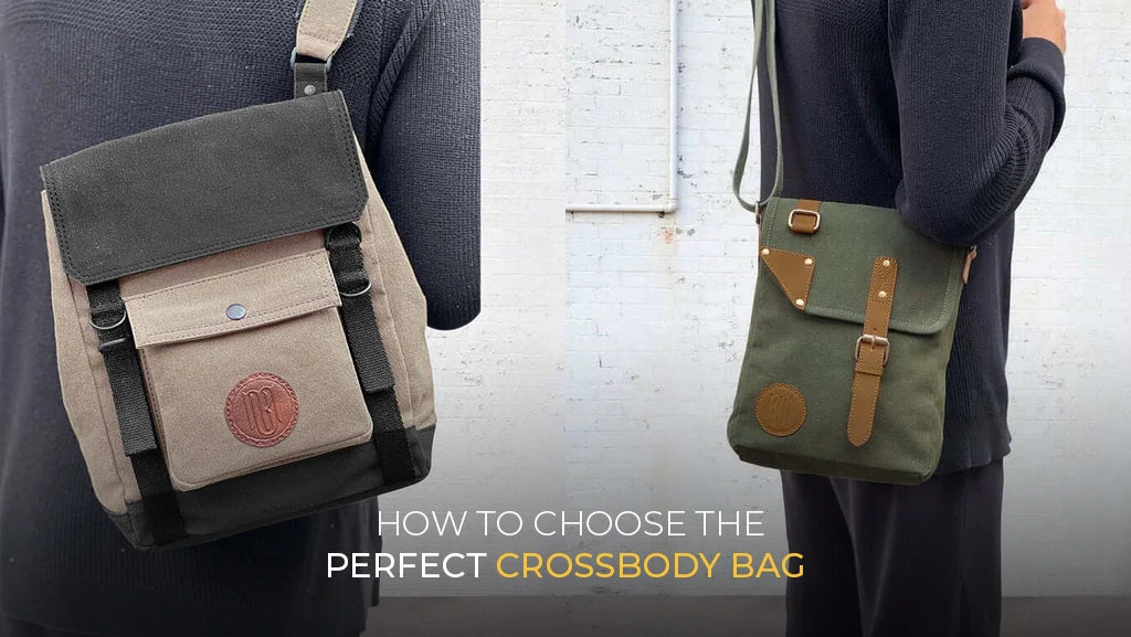 A men in blue shirt with stylish crossbody bag. Discover how to choose the perfect crossbody bag.