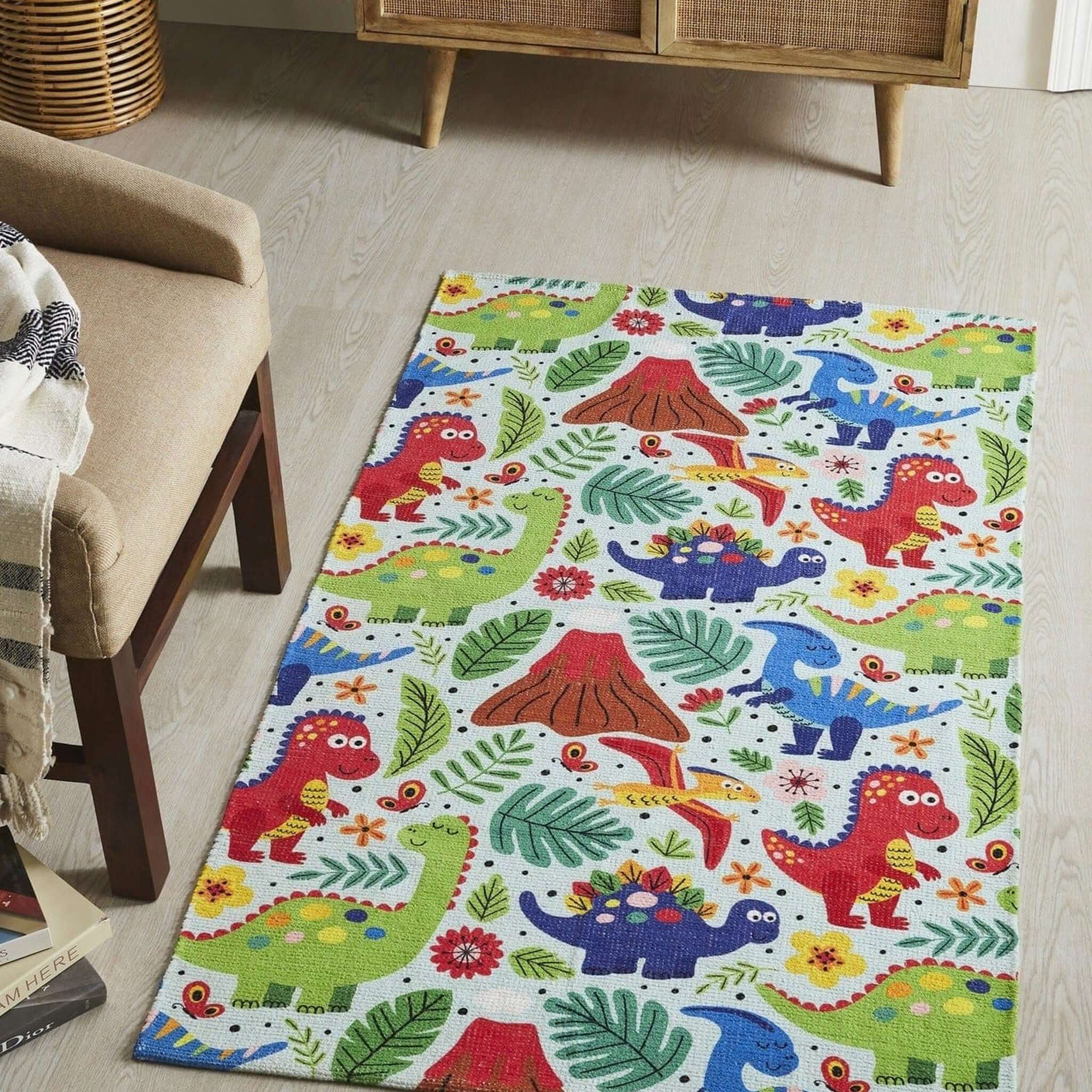 Mona B - Printed Dino Kids Room Dhurrie Carpet Rug Runner Floor Mat for Living Room Bedroom: 3 X 5 Feet Multi Color - BR-309 (3660)