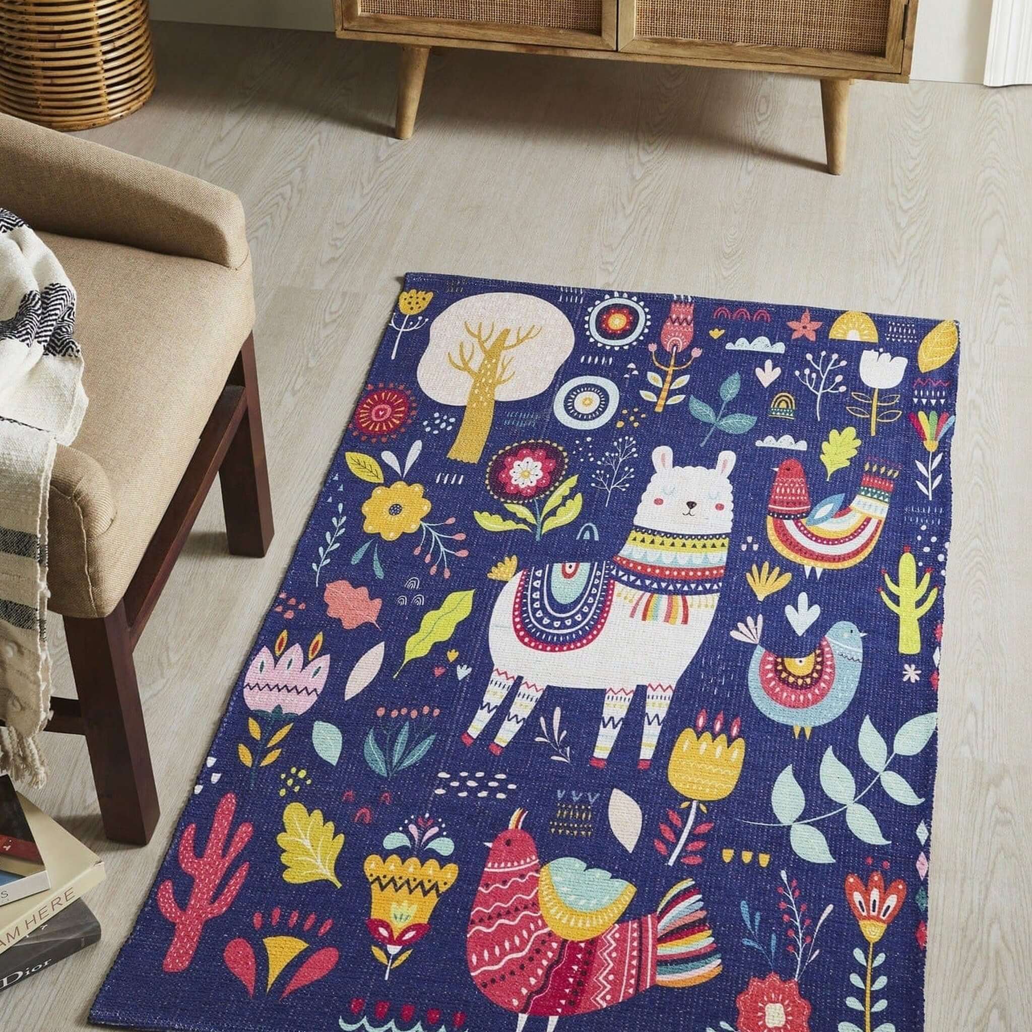 Mona B - Printed Llama Kids Room Dhurrie Carpet Rug Runner Floor Mat for Living Room Bedroom: 3 X 5 Feet Multi Color - PR-109 (3660)