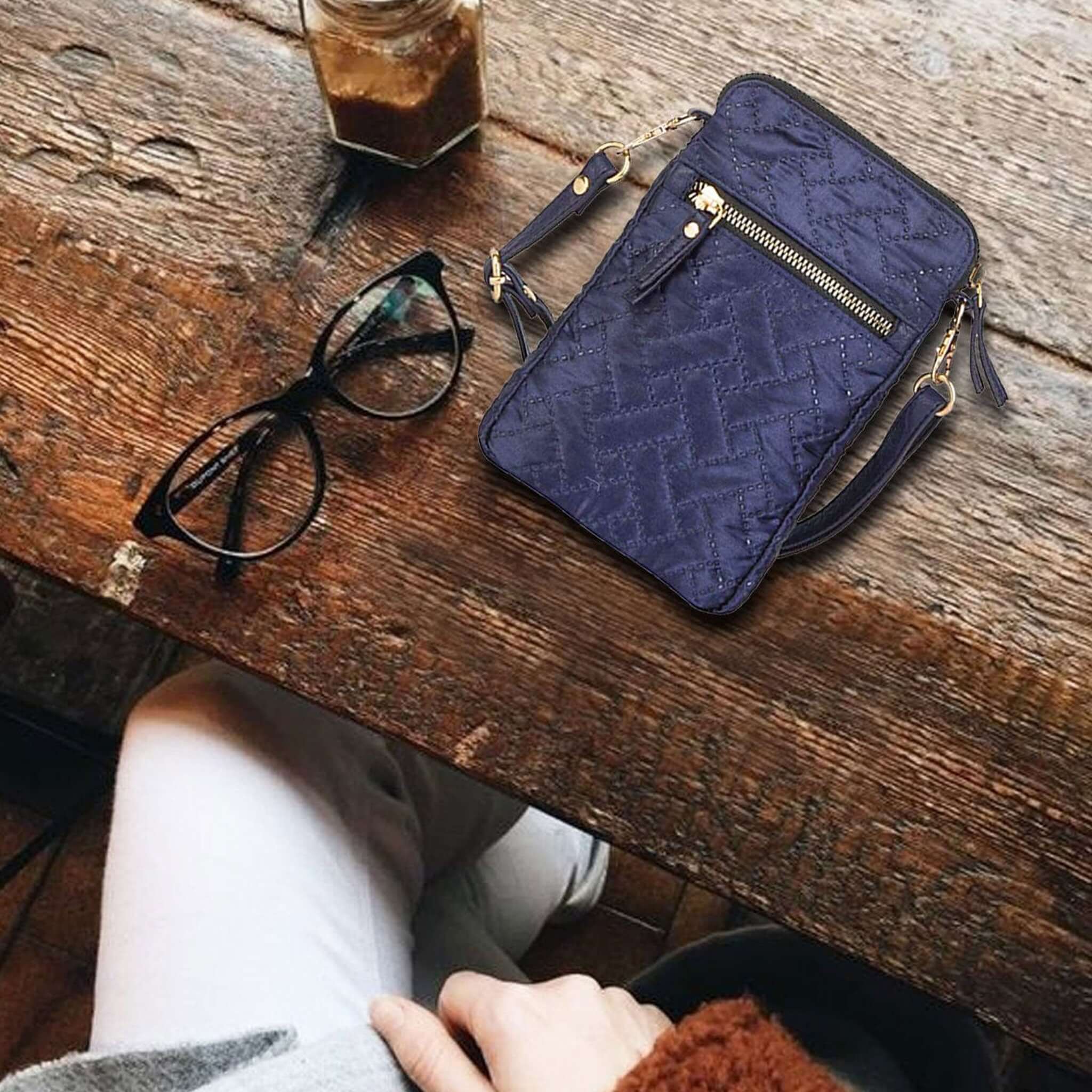 Mona B - Small Recycled Quilted Polyester Messenger Crossbody Sling Bag with Stylish Design for Women: Navy