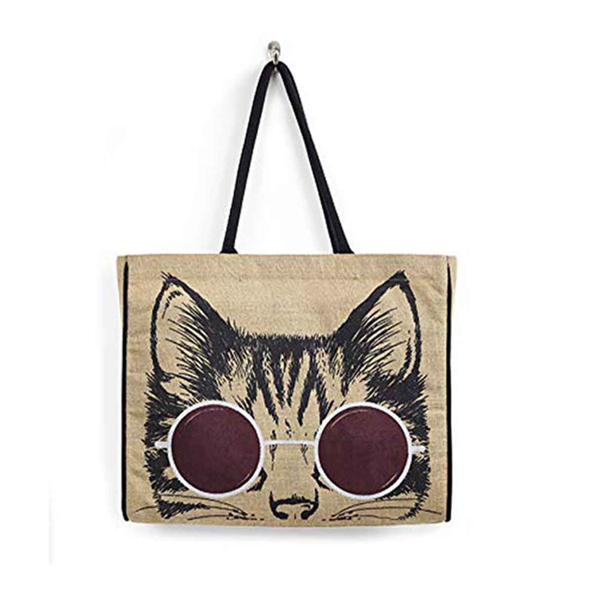 Mona B - Reusable Jute Shopping Bag With Stylish Design for Men and Women (Meow)