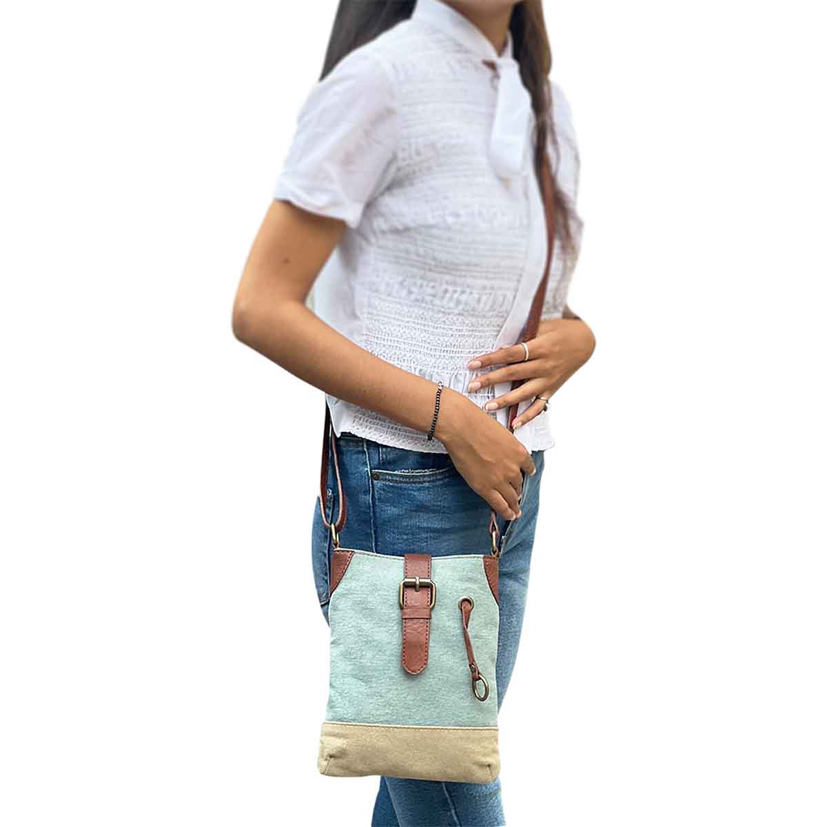 Mona B - 100% Cotton Canvas Small Messenger Crossbody Vintage Sling Bag with Stylish Design for Women (Sky)