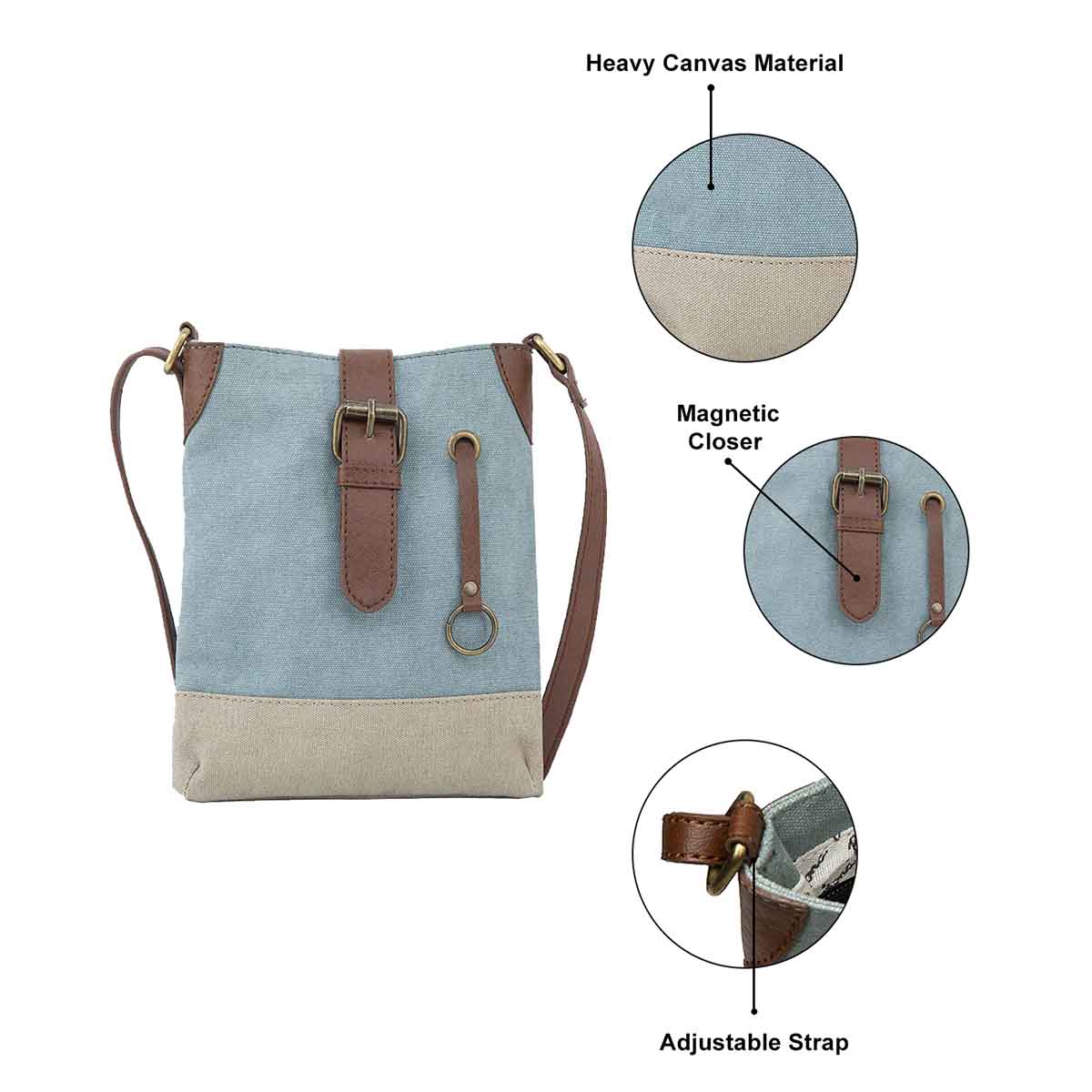 Mona B - 100% Cotton Canvas Small Messenger Crossbody Vintage Sling Bag with Stylish Design for Women (Sky)