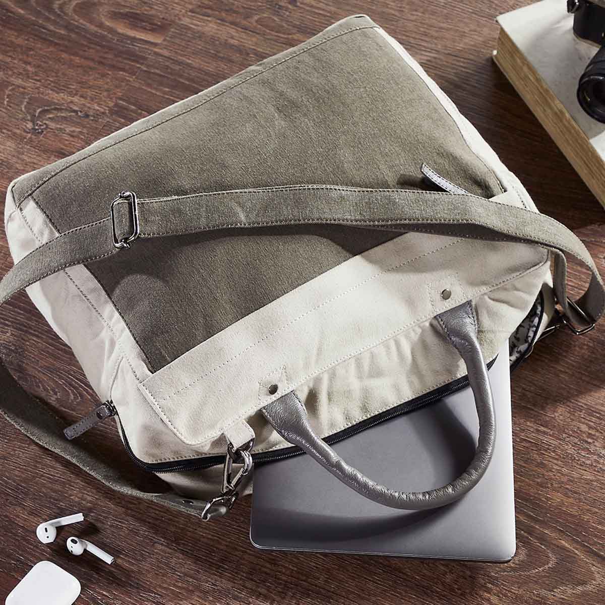 Mona B - Ice Grey 100% Cotton Canvas Messenger Crossbody Laptop Bag for Upto 14" Laptop/Mac Book/Tablet with Stylish Design for Men and Women