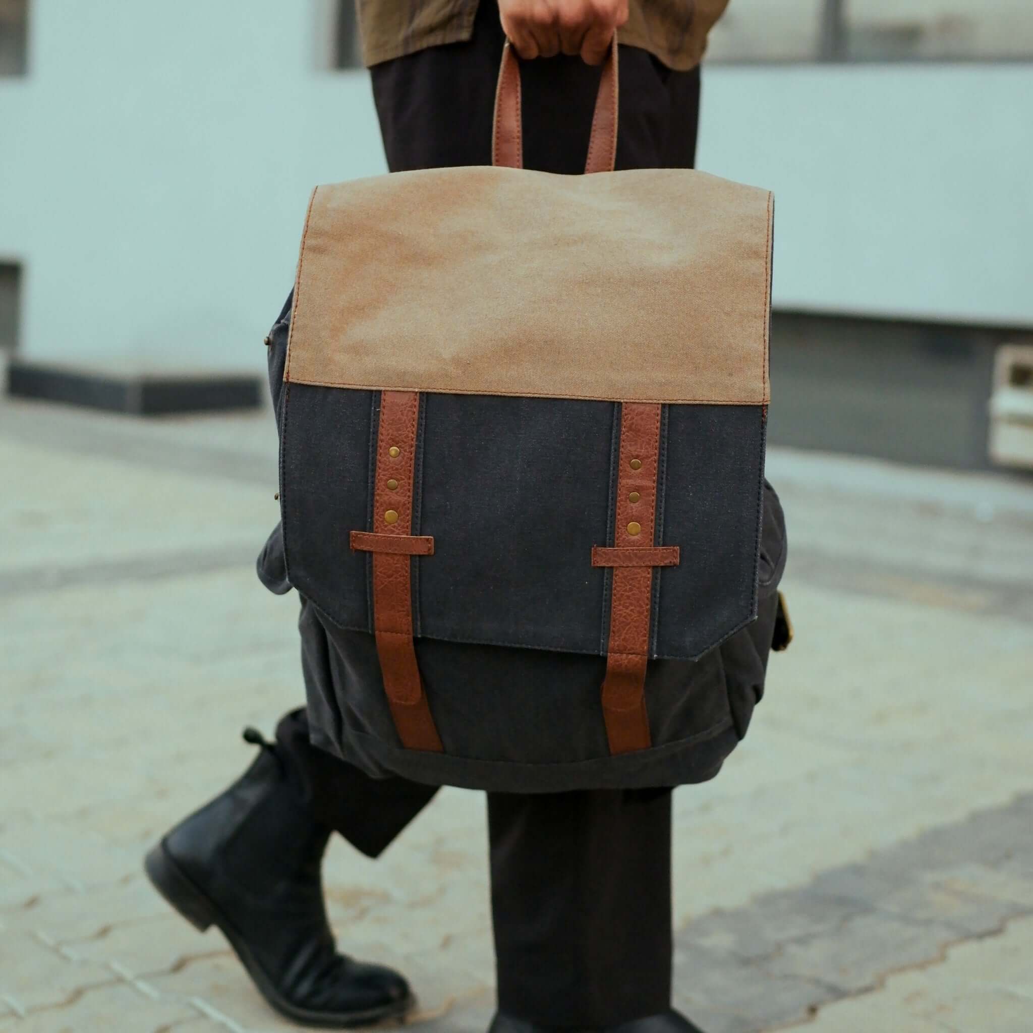 Mona B - Navy 100% Cotton Canvas Back Pack for Offices Schools and Colleges with Two Outside Pockets and Stylish Design for Men and Women