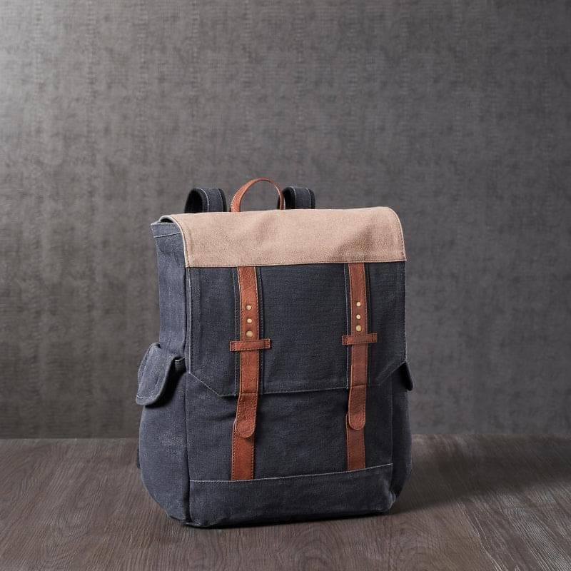 Mona B - Navy 100% Cotton Canvas Back Pack for Offices Schools and Colleges with Two Outside Pockets and Stylish Design for Men and Women