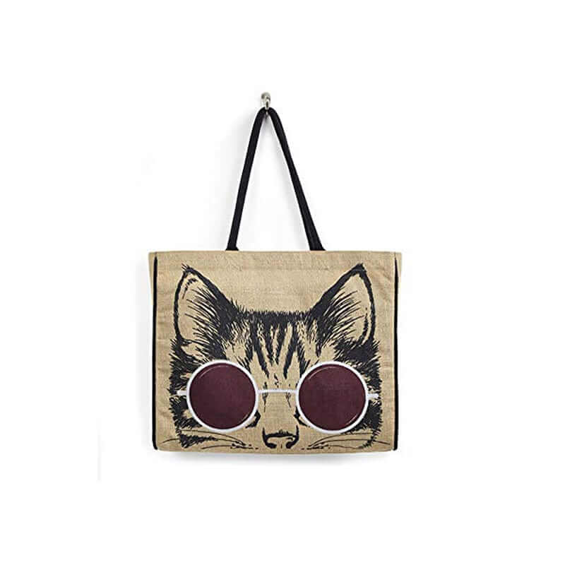 Mona B - Reusable Jute Shopping Bag With Stylish Design for Men and Women (Meow)