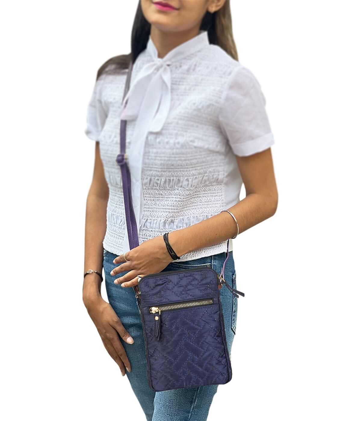 Mona B - Small Recycled Quilted Polyester Messenger Crossbody Sling Bag with Stylish Design for Women: Navy