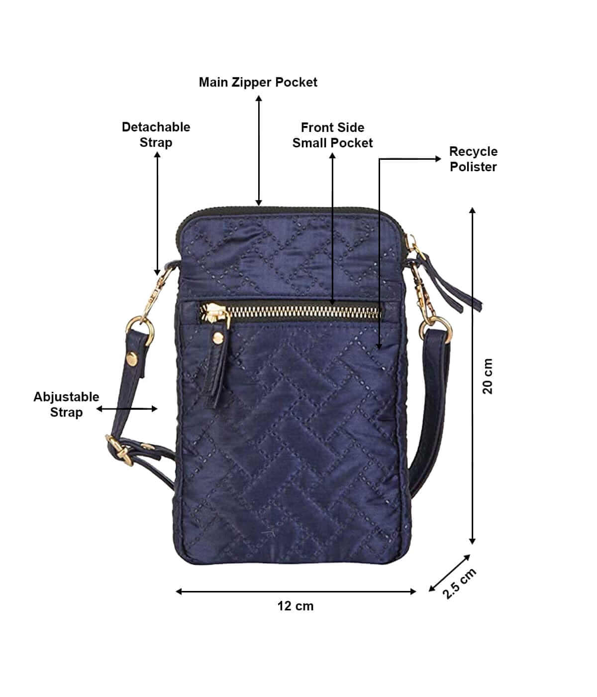 Mona B - Small Recycled Quilted Polyester Messenger Crossbody Sling Bag with Stylish Design for Women: Navy