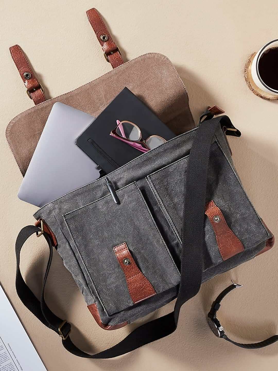 Mona B - Upcycled Canvas Messenger Crossbody Laptop Bag for Upto 14" Laptop/Mac Book/Tablet with Stylish Design for Men and Women: Flap